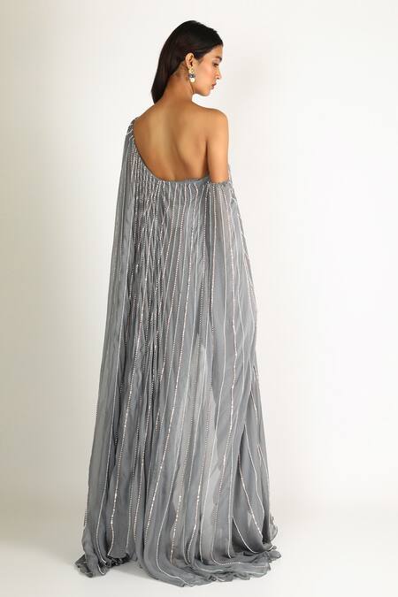 Shop_Masumi Mewawalla_Grey Dupion One Shoulder Cape Jumpsuit  _at_Aza_Fashions