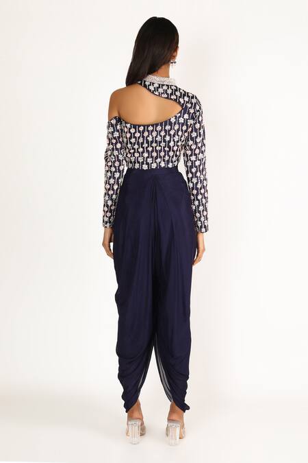 Shop_Masumi Mewawalla_Blue Crepe, Dupion, Taby Silk Embroidered Blouse And Dhoti Pant Set _at_Aza_Fashions