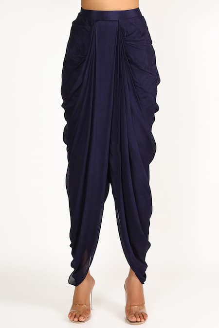 Masumi Mewawalla_Blue Crepe, Dupion, Taby Silk Embroidered Blouse And Dhoti Pant Set _Online_at_Aza_Fashions