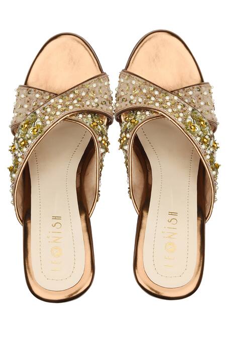 Shop Leonish Brown Embroidered Cross Strap Embellished Heels at Aza Fashions Shop_Leonish_Brown Embroidered Cross Strap Embellished Heels_at_Aza_Fashions