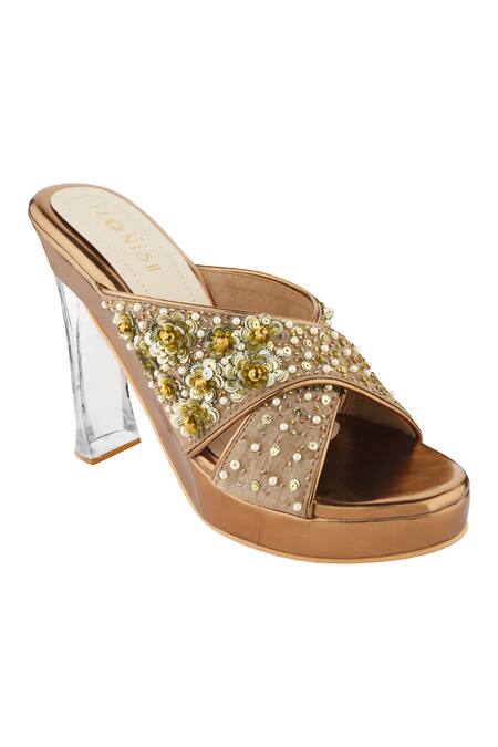 Leonish Brown Embroidered Cross Strap Embellished Heels Online at Aza Fashions Leonish_Brown Embroidered Cross Strap Embellished Heels_Online_at_Aza_Fashions