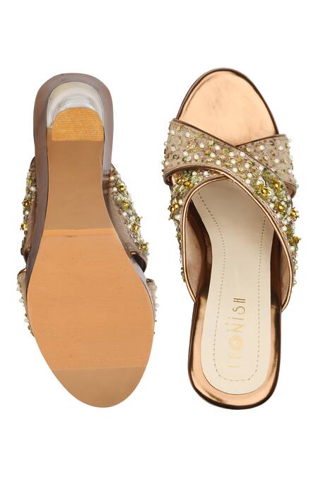 Buy Leonish Brown Embroidered Cross Strap Embellished Heels Online at Aza Fashions Buy_Leonish_Brown Embroidered Cross Strap Embellished Heels_Online_at_Aza_Fashions