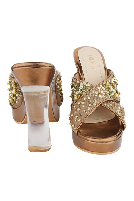 Shop Leonish Brown Embroidered Cross Strap Embellished Heels Online at Aza Fashions Shop_Leonish_Brown Embroidered Cross Strap Embellished Heels_Online_at_Aza_Fashions