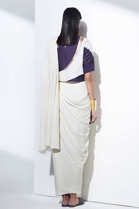 Shop Ampm White Pre-draped Saree With Paneled Blouse at Aza Fashions Shop_Ampm_White Pre-draped Saree With Paneled Blouse_at_Aza_Fashions