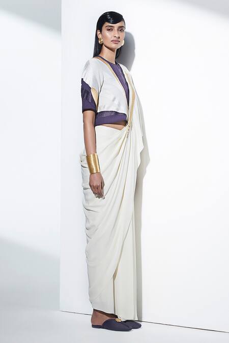 Ampm White Pre-draped Saree With Paneled Blouse Online at Aza Fashions Ampm_White Pre-draped Saree With Paneled Blouse_Online_at_Aza_Fashions
