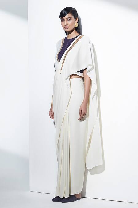 Buy Ampm White Pre-draped Saree With Paneled Blouse Online at Aza Fashions Buy_Ampm_White Pre-draped Saree With Paneled Blouse_Online_at_Aza_Fashions