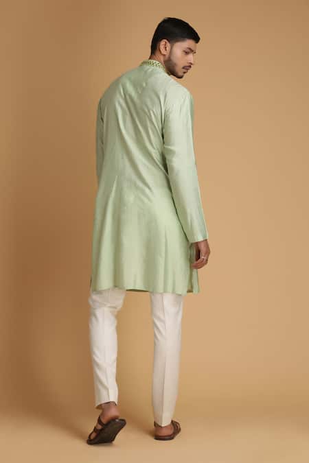 Shop Chatenya Mittal Green Cotton Silk Embroidered Kurta And Pant Set at Aza Fashions Shop_Chatenya Mittal_Green Cotton Silk Embroidered Kurta And Pant Set _at_Aza_Fashions
