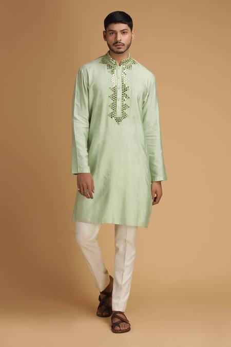 Buy Chatenya Mittal Green Cotton Silk Embroidered Kurta And Pant Set Online at Aza Fashions Buy_Chatenya Mittal_Green Cotton Silk Embroidered Kurta And Pant Set _Online_at_Aza_Fashions