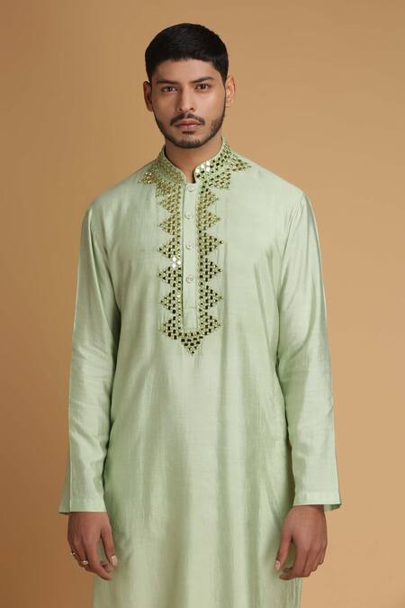 Shop Chatenya Mittal Green Cotton Silk Embroidered Kurta And Pant Set Online at Aza Fashions Shop_Chatenya Mittal_Green Cotton Silk Embroidered Kurta And Pant Set _Online_at_Aza_Fashions