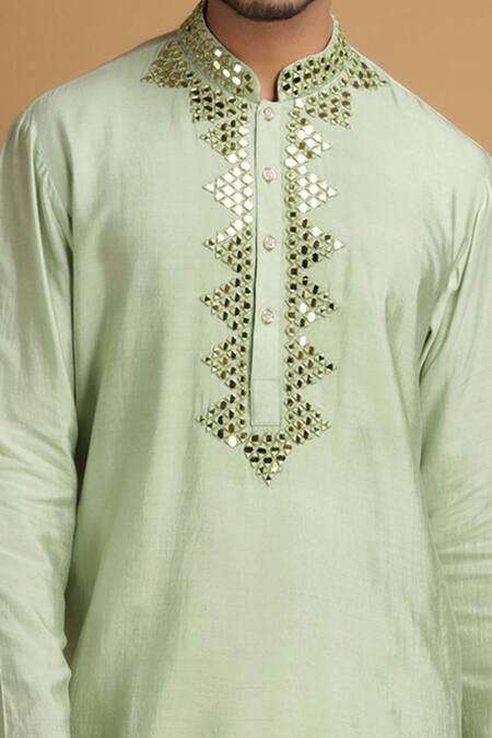 Chatenya Mittal Green Cotton Silk Embroidered Kurta And Pant Set at Aza Fashions Chatenya Mittal_Green Cotton Silk Embroidered Kurta And Pant Set _at_Aza_Fashions