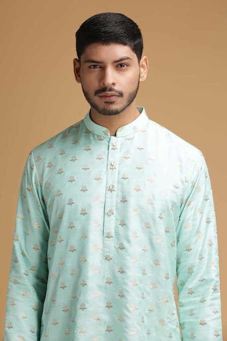 Shop_Chatenya Mittal_Blue Spun Silk Floral Motif Kurta And Pant Set_Online_at_Aza_Fashions