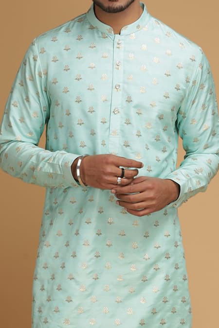 Chatenya Mittal_Blue Spun Silk Floral Motif Kurta And Pant Set_at_Aza_Fashions