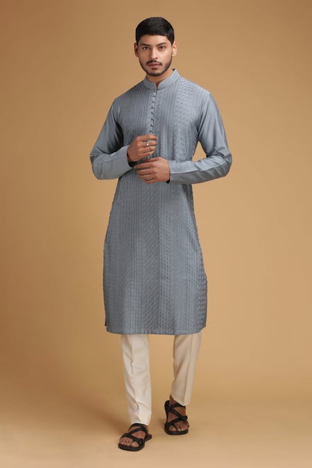 Buy Chatenya Mittal Grey Cotton Silk Embroidered Kurta And Pant Set Online at Aza Fashions Buy_Chatenya Mittal_Grey Cotton Silk Embroidered Kurta And Pant Set _Online_at_Aza_Fashions