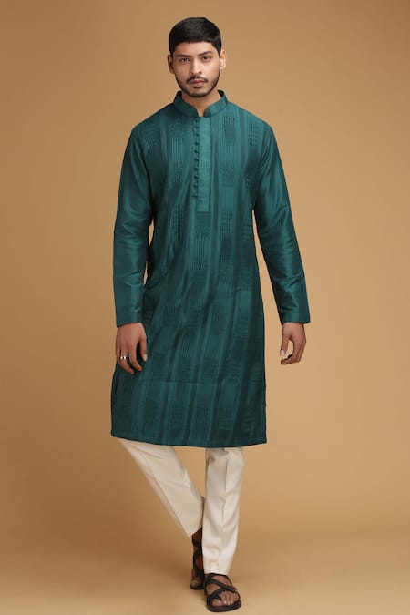 Buy_Chatenya Mittal_Green Cotton Silk Embroidered Kurta And Pant Set _Online_at_Aza_Fashions