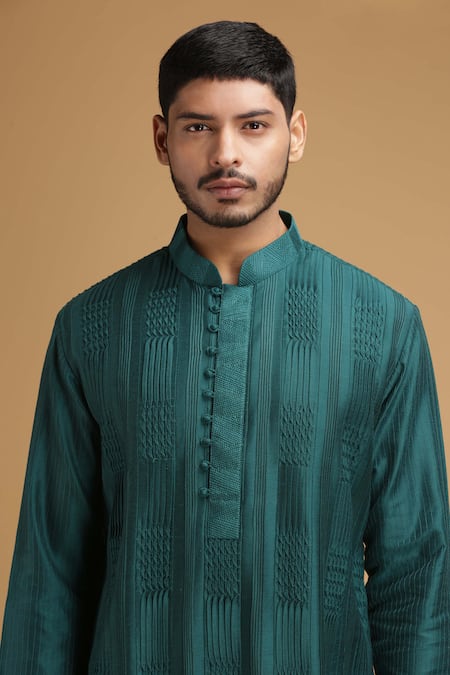 Shop_Chatenya Mittal_Green Cotton Silk Embroidered Kurta And Pant Set _Online_at_Aza_Fashions