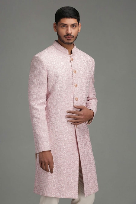 Buy Pink Linen Silk Embroidered Sherwani Set For Men by Chatenya Mittal ...