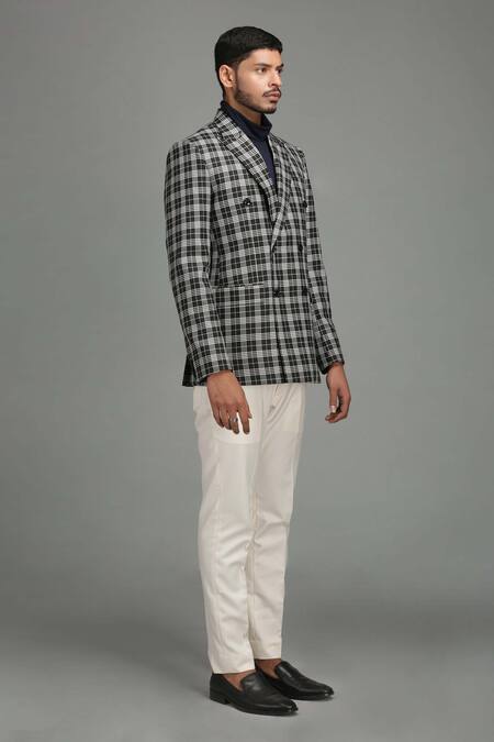 Chatenya Mittal_White Wool Blend Checkered Double Breasted Blazer _Online_at_Aza_Fashions