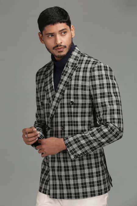 Buy_Chatenya Mittal_White Wool Blend Checkered Double Breasted Blazer _Online_at_Aza_Fashions