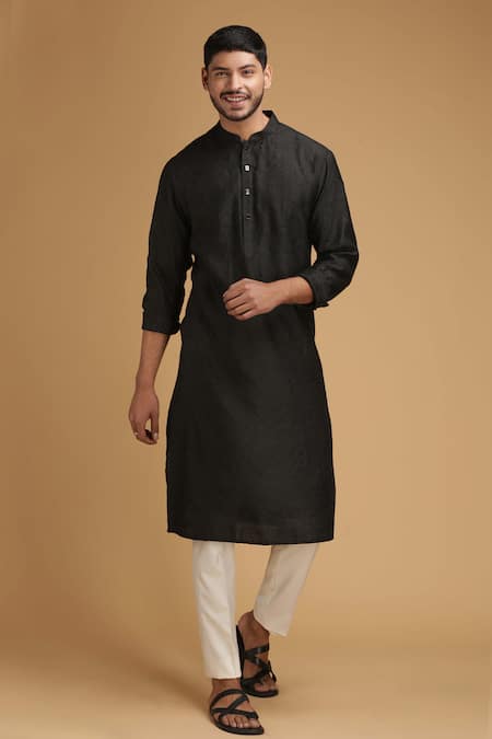 Chatenya Mittal_Black Cotton Silk Floral Motif Kurta _Online_at_Aza_Fashions