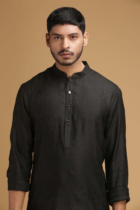 Shop_Chatenya Mittal_Black Cotton Silk Floral Motif Kurta _Online_at_Aza_Fashions