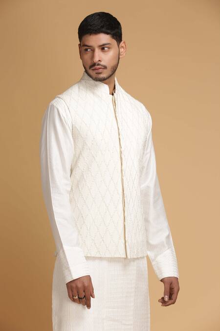 Chatenya Mittal_White Cotton Silk Embroidered Nehru Jacket _Online_at_Aza_Fashions