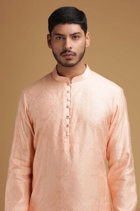 Shop_Chatenya Mittal_Peach Cotton Embroidery Floral Motif Kurta For Kids_Online_at_Aza_Fashions