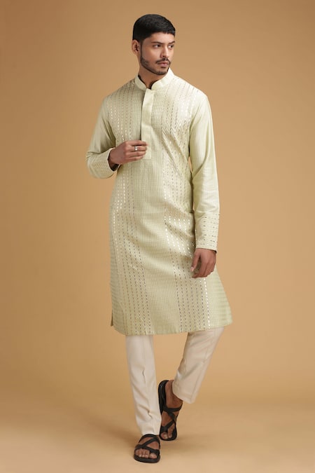 Buy_Chatenya Mittal_Green Cotton Silk Embroidered Kurta And Pant Set _Online_at_Aza_Fashions