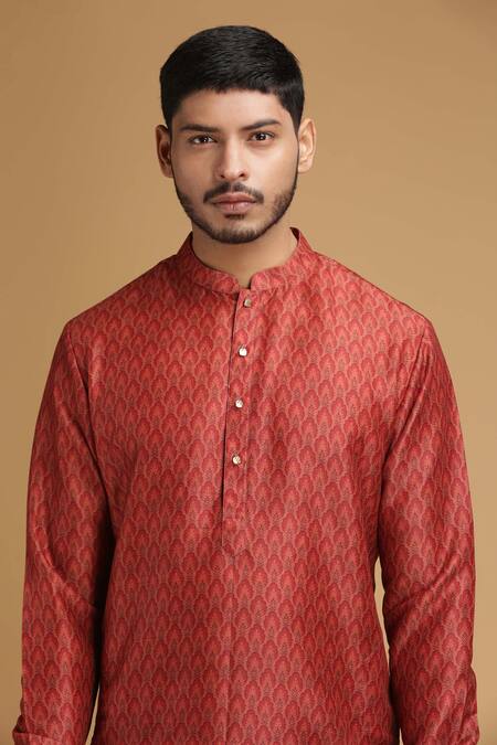 Shop Chatenya Mittal Red Cotton Silk Printed Kurta Online at Aza Fashions Shop_Chatenya Mittal_Red Cotton Silk Printed Kurta _Online_at_Aza_Fashions
