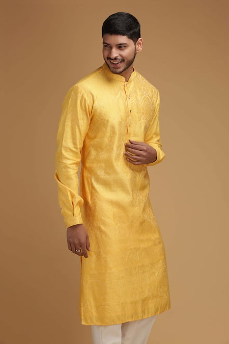 Chatenya Mittal_Yellow Cotton, Silk Embroidery Floral Motif Kurta  For Kids_Online_at_Aza_Fashions