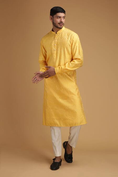 Buy_Chatenya Mittal_Yellow Cotton, Silk Embroidery Floral Motif Kurta  For Kids_Online_at_Aza_Fashions