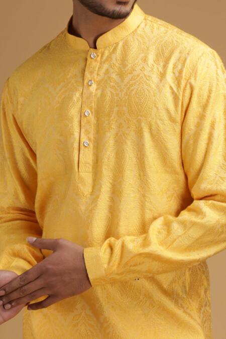 Chatenya Mittal_Yellow Cotton, Silk Embroidery Floral Motif Kurta  For Kids_at_Aza_Fashions