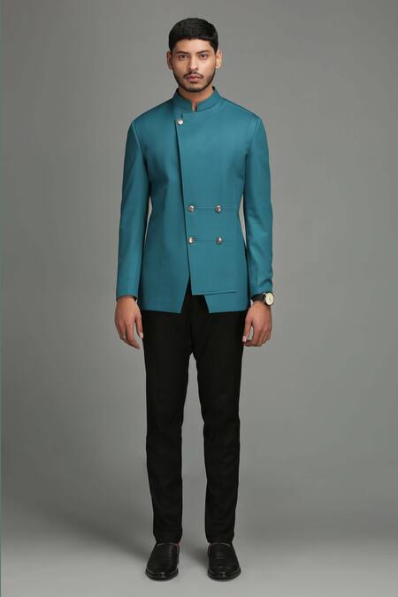 Chatenya Mittal Blue Wool Blend Overlap Bandhgala Online at Aza Fashions Chatenya Mittal_Blue Wool Blend Overlap Bandhgala _Online_at_Aza_Fashions