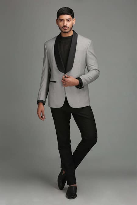 Shop Chatenya Mittal Grey Wool Blend Polka Dot Blazer at Aza Fashions Shop_Chatenya Mittal_Grey Wool Blend Polka Dot Blazer _at_Aza_Fashions