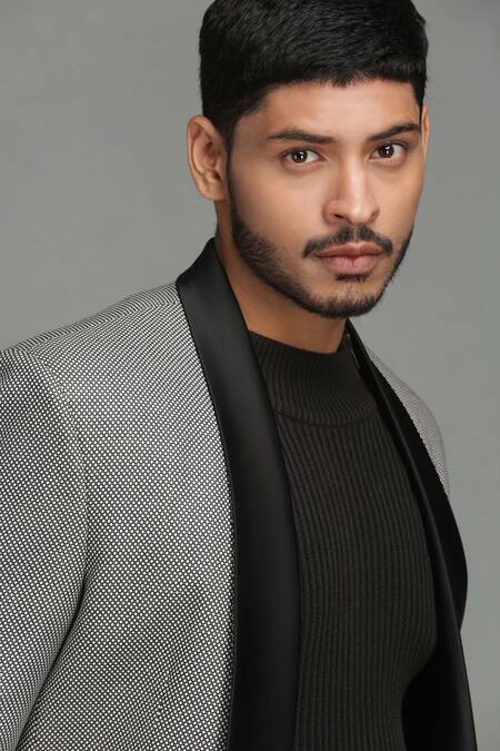 Shop Chatenya Mittal Grey Wool Blend Polka Dot Blazer Online at Aza Fashions Shop_Chatenya Mittal_Grey Wool Blend Polka Dot Blazer _Online_at_Aza_Fashions