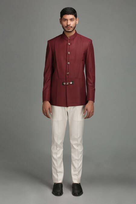 Chatenya Mittal_Maroon Wool Blend Bandhgala _Online_at_Aza_Fashions