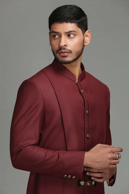 Buy_Chatenya Mittal_Maroon Wool Blend Bandhgala _Online_at_Aza_Fashions