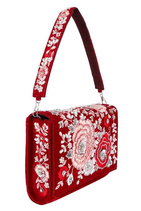 Fuchsia by aashaka mehta_Red Embroidered Velvet Floral Flap Clutch_Online_at_Aza_Fashions
