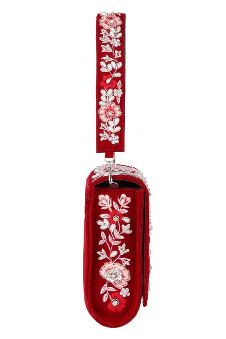 Buy_Fuchsia by aashaka mehta_Red Embroidered Velvet Floral Flap Clutch_Online_at_Aza_Fashions