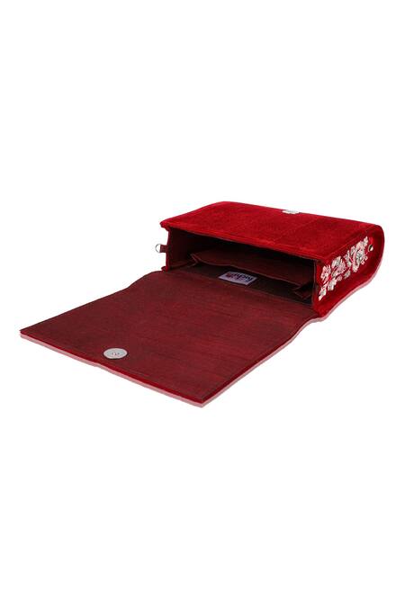 Shop_Fuchsia by aashaka mehta_Red Embroidered Velvet Floral Flap Clutch_Online_at_Aza_Fashions