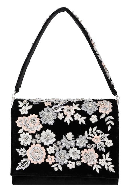 Fuchsia Black Embroidered Velvet Floral Flap Clutch