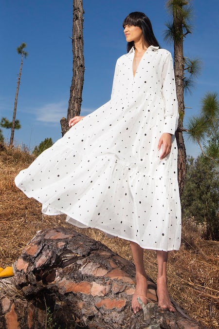 Kharakapas Tiered Polka Dot Print Midi Dress 