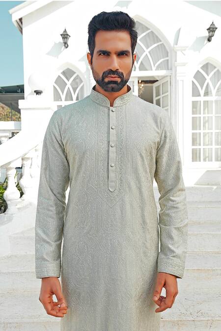 Buy_Vanshik_Green Silk Embroidered Kurta Set_Online_at_Aza_Fashions