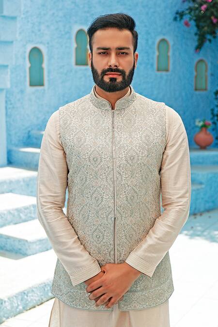 Buy_Vanshik_White Silk Embroidered Bundi And Kurta Set _Online_at_Aza_Fashions