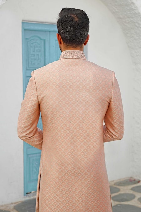 Shop Vanshik Peach Silk, Tanjore Brocade Embroidered Sherwani Set at Aza Fashions Shop_Vanshik_Peach Silk, Tanjore Brocade Embroidered Sherwani Set _at_Aza_Fashions