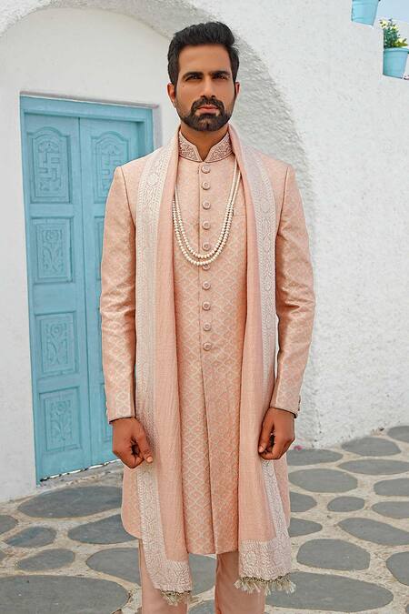 Vanshik Peach Silk, Tanjore Brocade Embroidered Sherwani Set Online at Aza Fashions Vanshik_Peach Silk, Tanjore Brocade Embroidered Sherwani Set _Online_at_Aza_Fashions
