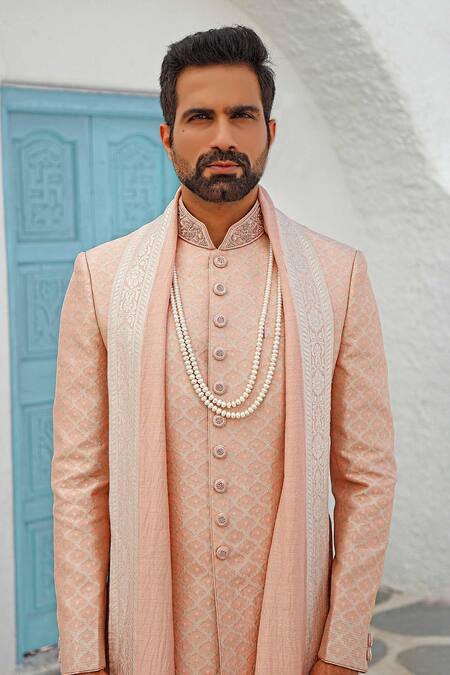 Buy Vanshik Peach Silk, Tanjore Brocade Embroidered Sherwani Set Online at Aza Fashions Buy_Vanshik_Peach Silk, Tanjore Brocade Embroidered Sherwani Set _Online_at_Aza_Fashions