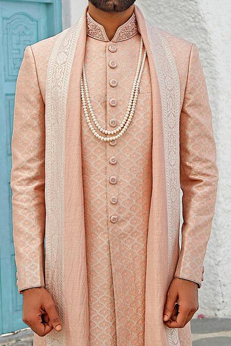 Shop Vanshik Peach Silk, Tanjore Brocade Embroidered Sherwani Set Online at Aza Fashions Shop_Vanshik_Peach Silk, Tanjore Brocade Embroidered Sherwani Set _Online_at_Aza_Fashions