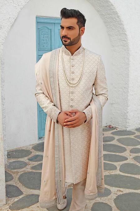 Vanshik_Peach Silk, Tanjore Brocade Embroidered Sherwani Set_Online_at_Aza_Fashions