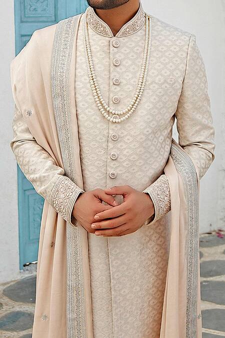 Shop_Vanshik_Peach Silk, Tanjore Brocade Embroidered Sherwani Set_Online_at_Aza_Fashions