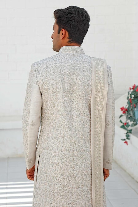 Shop Vanshik Grey Raw Silk Embroidered Sherwani Set at Aza Fashions Shop_Vanshik_Grey Raw Silk Embroidered Sherwani Set _at_Aza_Fashions